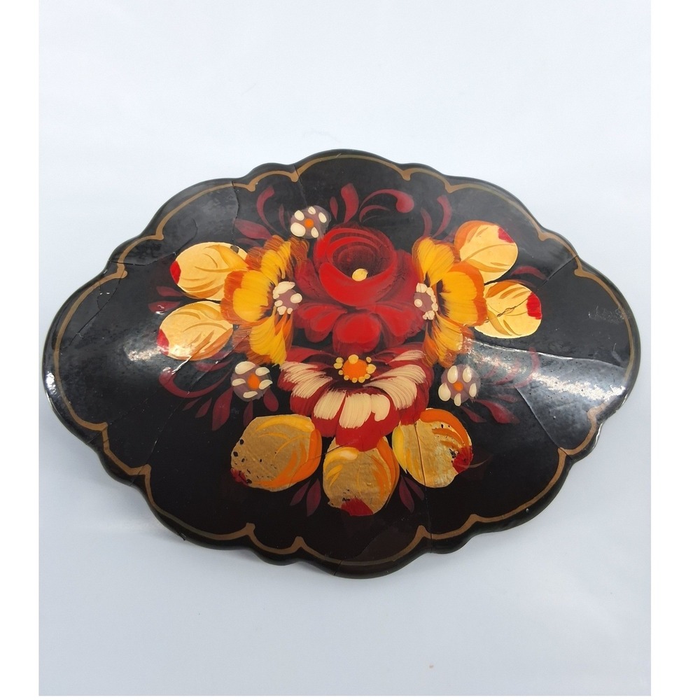 Vintage Russian Lacquer Brooch Hand‎ Painted Floral Zhostovo Signed Black Pin